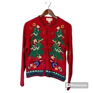 Hampshire Studio Red Holiday Christmas Ugly Sweater Women's L Santa Claus Trees